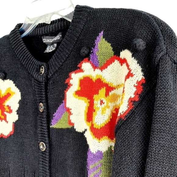 Vintage Cardigan Sweater Floral Bobbled Cable Knit Shoulder Pads Navy Cotton Y2K - Picture 3 of 16